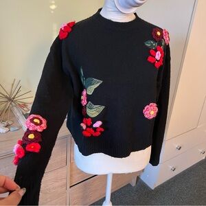 3D Flower Appliqué Tufted Embroidered Wool Blend Oversized Baggy Modest Sweater